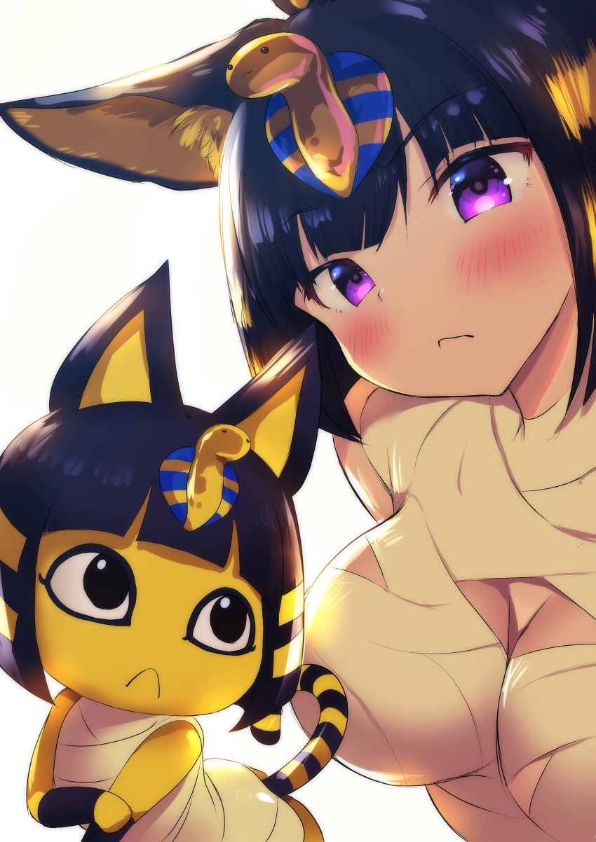 1girl absurdres animal animal_crossing animal_ears ankha_(animal_crossing) bandages bangs black_eyes blue_hair blunt_bangs blush bob_cut breasts cat cat_ears cat_tail commentary_request doubutsu_no_mori doubutsu_no_mori_e+ dual_persona egyptian egyptian_clothes feline frown furry gijinka hair_ornament highres human large_breasts looking_at_viewer mammal miu_(umaru_katia_no_hito) multiple_views nile_(doubutsu_no_mori) nintendo nintendo_ead personification short_hair simple_background tail violet_eyes white_background yellow_skin