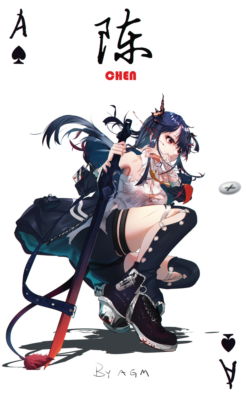 1girl absurdres ace_of_spades arknights armpit_peek artist_name bandaged_arm bandages black_footwear black_jacket blood blood_on_face blue_hair blue_legwear blue_shorts blurry breasts buttons card ch'en_(arknights) character_name chinese_commentary clenched_teeth collared_shirt cross-laced_footwear depth_of_field dragon_horns dragon_tail eyelashes flying_button full_body glint hair_between_eyes highres horns injury jacket kneehighs long_hair medium_breasts name_tag necktie omone_hokoma_agm open_clothes open_jacket playing_card ponytail red_eyes scratches shadow shirt shoes short_shorts shorts sideboob sidelocks simple_background skindentation solo squatting sword tail teeth thigh_strap thighs torn_clothes torn_shirt weapon white_background wing_collar yellow_neckwear