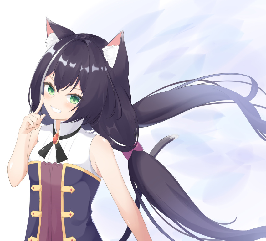 1girl animal_ear_fluff animal_ears bangs bare_arms bare_shoulders black_hair blush bow breasts cat_ears cat_girl cat_tail commentary_request floating_hair green_eyes grin hair_between_eyes hair_bow highres kyaru_(princess_connect) long_hair looking_at_viewer low_twintails multicolored_hair princess_connect! princess_connect!_re:dive purple_bow roido_(taniko-t-1218) shirt sleeveless sleeveless_shirt small_breasts smile solo streaked_hair tail tail_raised twintails upper_body v-shaped_eyebrows very_long_hair white_hair white_shirt