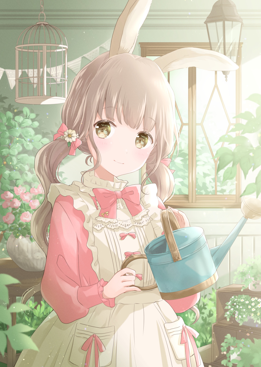1girl absurdres animal_ears apron bangs birdcage bow bowtie brown_eyes cage ceiling_light cute flower hair_flower hair_ornament hair_ribbon head_tilt highres holding_watering_can hoshiibara_mato indoors light_brown_hair light_smile long_sleeves looking_at_viewer low_twintails original pink_neckwear pink_shirt planter rabbit_ears ribbon shirt solo standing streamers twintails upper_body vase watering_can window