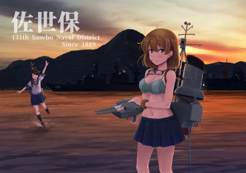 2girls arm_up bandaid bandaid_on_face bikini black_hair black_legwear blue_sailor_collar blue_skirt blush braid breasts brown_eyes chain eyebrows_visible_through_hair hair_between_eyes highres ichikawa_feesu kantai_collection kneehighs long_hair machinery medium_breasts mountain multiple_girls navel oboro_(kantai_collection) ocean one_eye_closed open_mouth orange_hair pleated_skirt revision sailor_collar school_uniform serafuku ship short_hair short_sleeves single_braid skirt smile smokestack standing standing_on_liquid swimsuit turret uranami_(kantai_collection) water watercraft