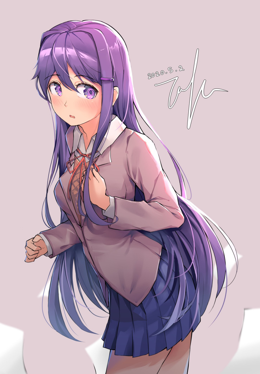 1girl bangs blue_skirt blush commentary cowboy_shot dated doki_doki_literature_club english_commentary eyebrows_visible_through_hair grey_background grey_jacket hair_between_eyes hair_ornament hairclip hand_on_own_chest highres jacket long_hair long_sleeves looking_at_viewer open_mouth paper pleated_skirt purple_hair school_uniform shirt sidelocks signature simple_background skirt solo tofumang very_long_hair violet_eyes white_shirt wing_collar yuri_(doki_doki_literature_club)