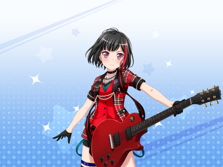 bang_dream! black_hair blush dress guitar mitake_ran official_art red_eyes short_hair