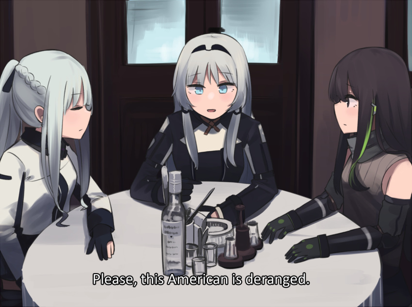3girls ak-12_(girls_frontline) an-94_(girls_frontline) bangs black_gloves blue_eyes bottle braid brown_hair commentary_request cup door english_text girls_frontline gloves green_hair hairband hinami047 long_hair long_sleeves looking_at_another m4a1_(girls_frontline) multicolored_hair multiple_girls partly_fingerless_gloves russian_commentary sidelocks silver_hair streaked_hair table