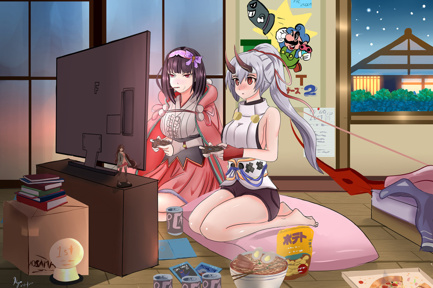 2girls bed black_hair black_shorts blush book_stack bow_(weapon) bowl breasts bullet_bill can cape clyde_panda controller english_commentary fate/grand_order fate_(series) figure fingerless_gloves food game_controller gloves hair_ribbon headband hood hood_down hooded_cape large_breasts long_hair luigi multiple_girls night night_sky oni_horns osakabe-hime_(fate/grand_order) pillow pink_skirt pizza pizza_box playing_games playstation_controller ponytail red_eyes red_gloves red_horns red_ribbon ribbon seiza shirt short_shorts shorts signature silver_hair sitting sitting_on_pillow skirt sky television tomoe_gozen_(fate/grand_order) weapon white_shirt window