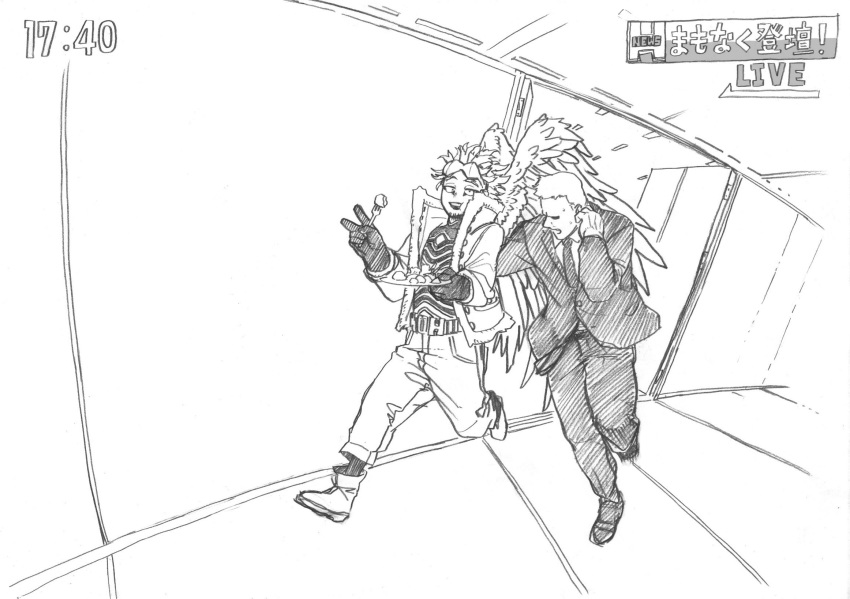 2boys boku_no_hero_academia commentary_request eating feathered_wings fisheye food fork formal full_body gloves goggles goggles_on_eyes goggles_on_head greyscale hawks_(boku_no_hero_academia) highres holding holding_fork holding_plate horikoshi_kouhei indoors jacket long_sleeves looking_at_another looking_at_viewer male_focus monochrome multiple_boys official_art pants plate shoes short_hair suit v wings