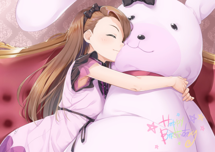 1girl black_bow black_hairband blush bow brown_hair closed_eyes closed_mouth commentary_request couch dress hair_bow hairband happy_birthday idolmaster idolmaster_(classic) idolmaster_2 long_hair minase_iori miri_(ago550421) object_hug on_couch oversized_object profile purple_dress short_sleeves smile solo star stuffed_animal stuffed_bunny stuffed_toy very_long_hair