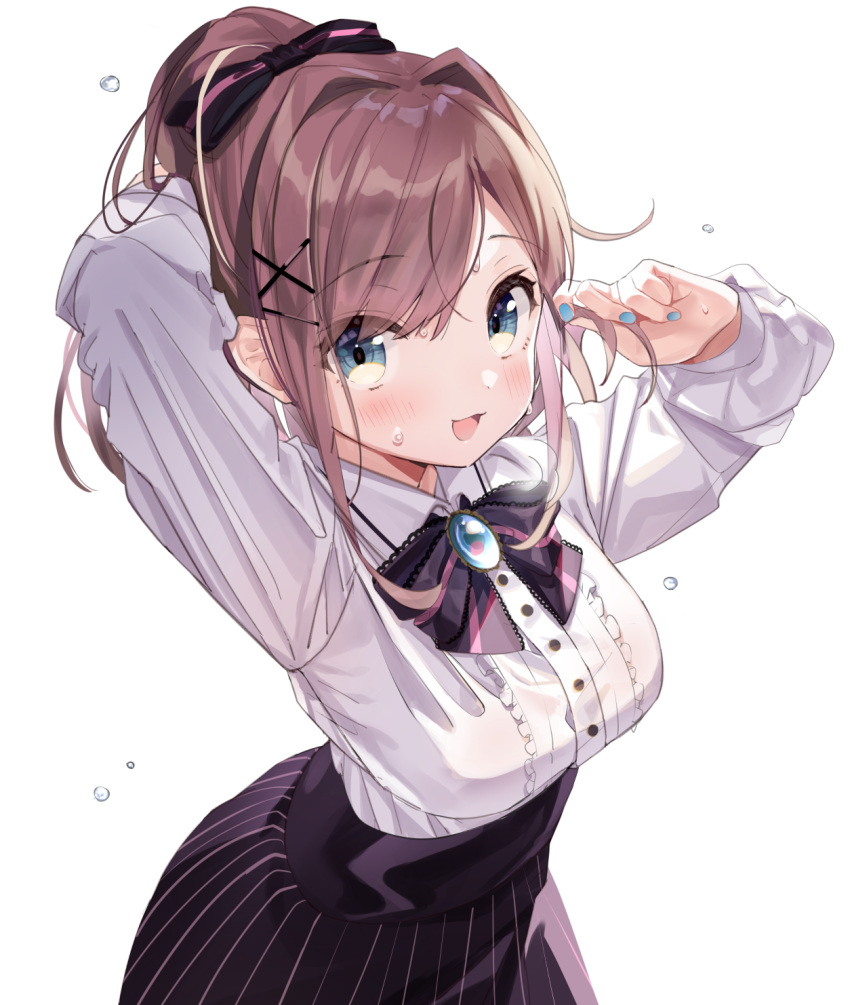 1girl :3 blue_eyes blue_nails blush bow bowtie brooch center_frills collared_shirt commentary_request eyebrows_visible_through_hair flying_sweatdrops frills hair_bow hair_ornament high-waist_skirt highres jewelry kanda_done light_brown_hair long_sleeves looking_at_viewer medium_hair nail_polish nijisanji open_mouth ponytail shirt simple_background skirt smile solo striped striped_bow suzuhara_lulu sweat upper_body vertical-striped_skirt vertical_stripes virtual_youtuber white_background white_shirt x_hair_ornament