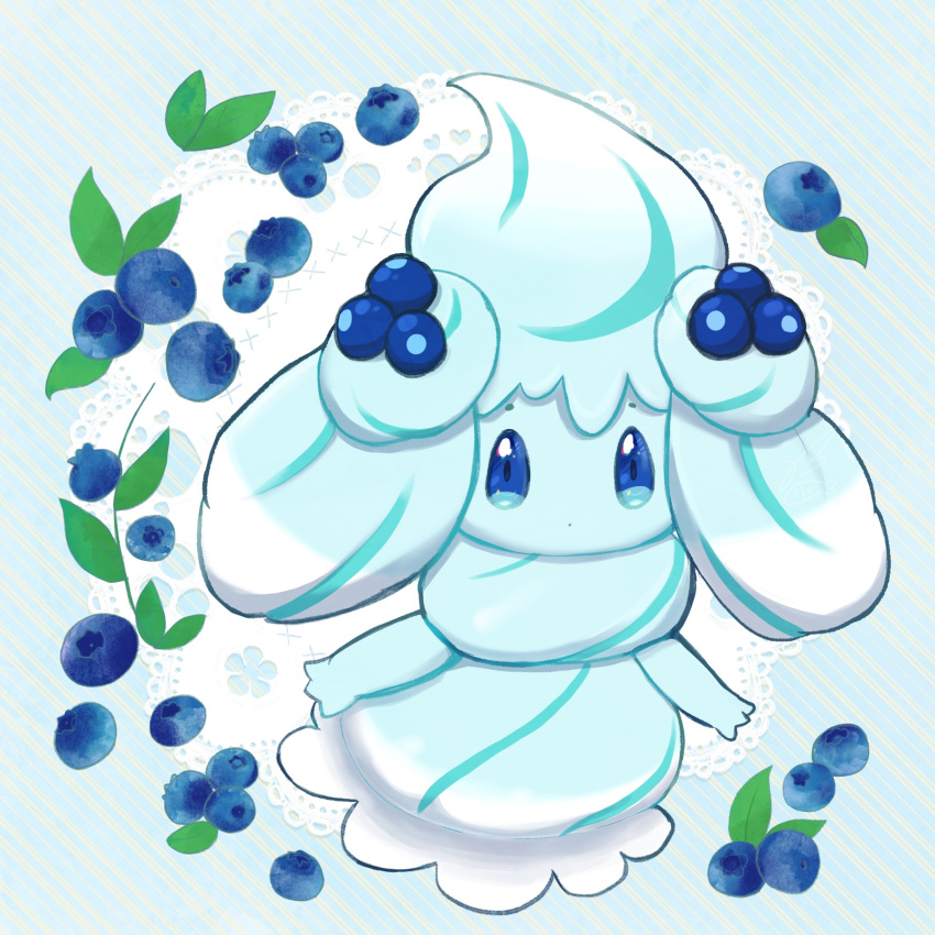 alcremie alcremie_(berry_sweet) alcremie_(mint_cream) ayan_(pixiv46456904) blue_eyes blueberry commentary_request creature food fruit full_body gen_8_pokemon highres looking_at_viewer no_humans pokemon pokemon_(creature) simple_background solo white_background