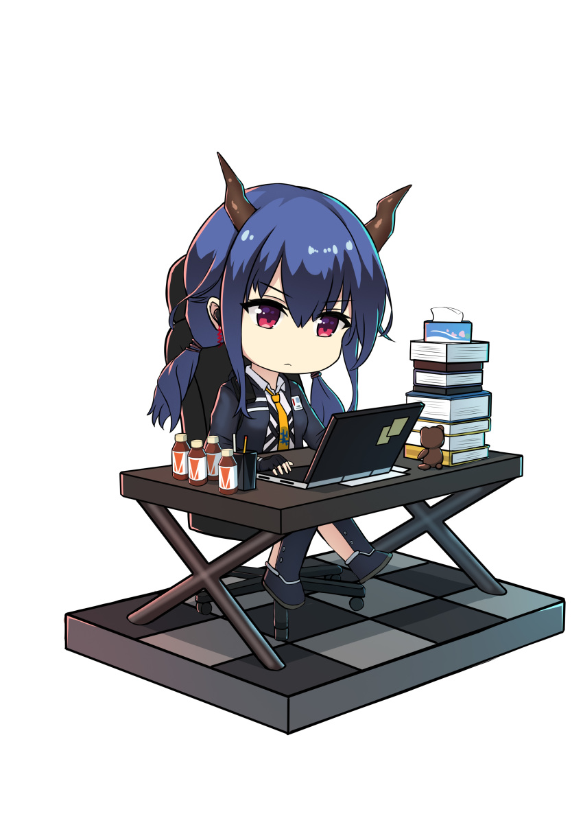 1girl absurdres arknights bangs black_gloves black_jacket blue_hair book_stack ch'en_(arknights) checkered checkered_floor chibi commentary_request computer dragon_horns eyebrows_visible_through_hair fingerless_gloves gloves hair_between_eyes highres horns jacket laptop long_hair low_twintails necktie open_clothes open_jacket red_eyes shadow shirt simple_background sitting solo swivel_chair table tissue_box twintails white_background white_shirt wing_collar yellow_neckwear yunkaiming
