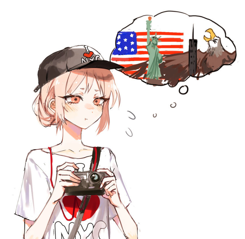 1girl :t american_flag bald_eagle baseball_cap bird buttoniris camera closed_mouth clothes_writing commentary eagle english_commentary english_text hair_bun hat heart heart_print highres holding i_heart... original pink_eyes pink_hair shirt simple_background solo statue_of_liberty t-shirt thought_bubble two_(buttoniris) white_background white_shirt