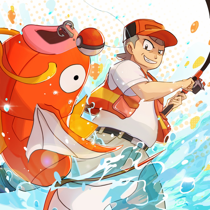 1boy belt black_belt brown_eyes creature fish fisherman_(pokemon) fishing fishing_rod gen_1_pokemon grey_hair grin highres holding holding_fishing_rod looking_at_viewer magikarp male_focus old_man poke_ball poke_ball_(generic) pokemon pokemon_(creature) pokemon_(game) pokemon_lgpe polka_dot polka_dot_background smile tom_(pixiv10026189) water white_background