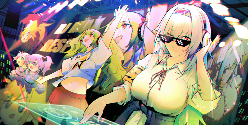 4girls absurdres amirun blue_hair cameo clear_(dj_max) deal_with_it dj dj_max fairy_(girls_frontline) girls_frontline green_hair headband headphones highres huge_filesize m950a_(girls_frontline) multiple_girls party phonograph siblings sunglasses thunder_(girls_frontline) turntable twins