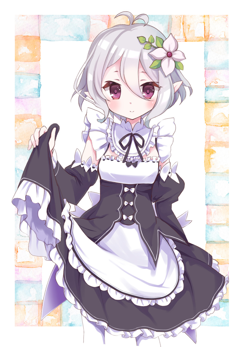 1girl absurdres alternate_costume antenna_hair black_dress blush chibitan detached_sleeves dress dress_lift elf enmaided flower frilled_dress frills hair_between_eyes hair_flower hair_ornament highres kokkoro_(princess_connect!) lifted_by_self maid maid_dress pink_eyes pointy_ears princess_connect! princess_connect!_re:dive silver_hair smile solo