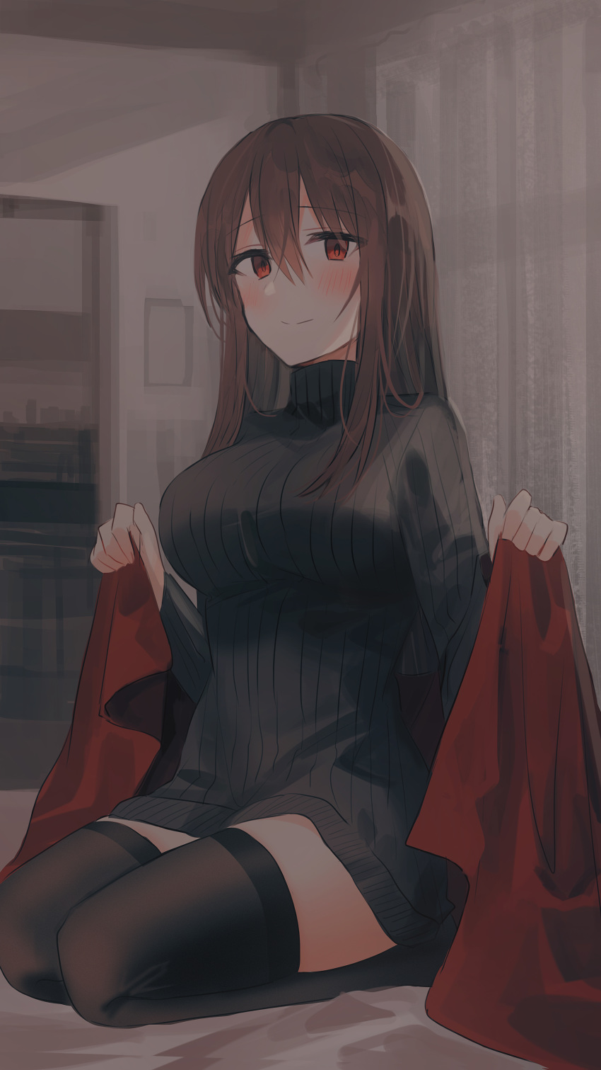 1girl absurdres bangs bed black_sweater blush borrowed_character breasts brown_hair chihuri commentary_request curtains dress eyebrows_visible_through_hair eyes_visible_through_hair hair_between_eyes hands_up highres holding long_hair long_sleeves looking_at_viewer on_bed original red_eyes ribbed_sweater seiza sitting smile solo straight_hair sweater sweater_dress thigh-highs turtleneck turtleneck_sweater window zettai_ryouiki