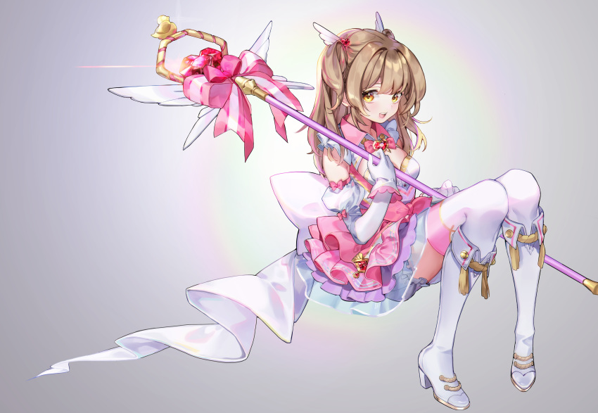 1girl absurdres adcd boots bow bowtie brown_hair detached_sleeves gem gloves hair_ornament hair_wings high_heel_boots high_heels highres huge_filesize knights_chronicle leona_(knights_chronicle) ribbon simple_background staff thigh-highs yellow_eyes