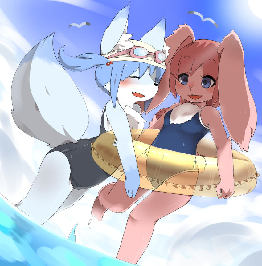2girls :d animal_ear_fluff animal_ears bird blue_fur blue_hair bunny_girl bunny_tail closed_eyes clouds commentary_request covered_navel fang fox fox_ears fox_girl fox_tail furry goggles goggles_on_headwear highres innertube leg_up medium_hair minnnanihanaisixyo multiple_girls open_mouth original pink_fur pink_hair rabbit rabbit_ears school_swimsuit seagull short_twintails sky smile snout summer sun swimsuit tail twintails violet_eyes