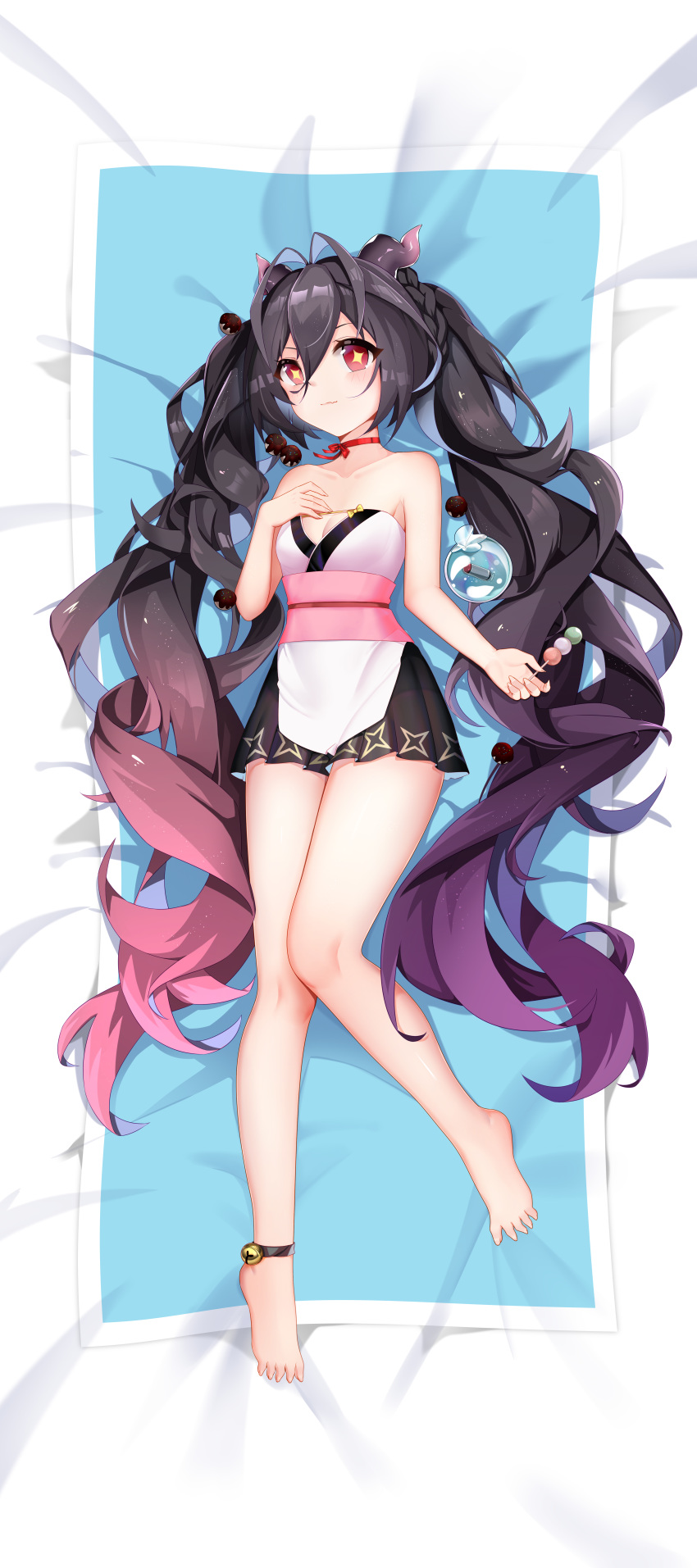 +_+ 1girl absurdres ankle_bell azur_lane bare_shoulders barefoot black_hair blush breasts closed_mouth dress eyebrows_visible_through_hair food gradient_hair gradient_horns haimian-v- hair_between_eyes hair_ornament highres horns i-168_(azur_lane) long_hair looking_at_viewer lying multicolored_hair on_back red_eyes short_dress small_breasts smile solo star star_print symbol-shaped_pupils torpedo twintails very_long_hair water