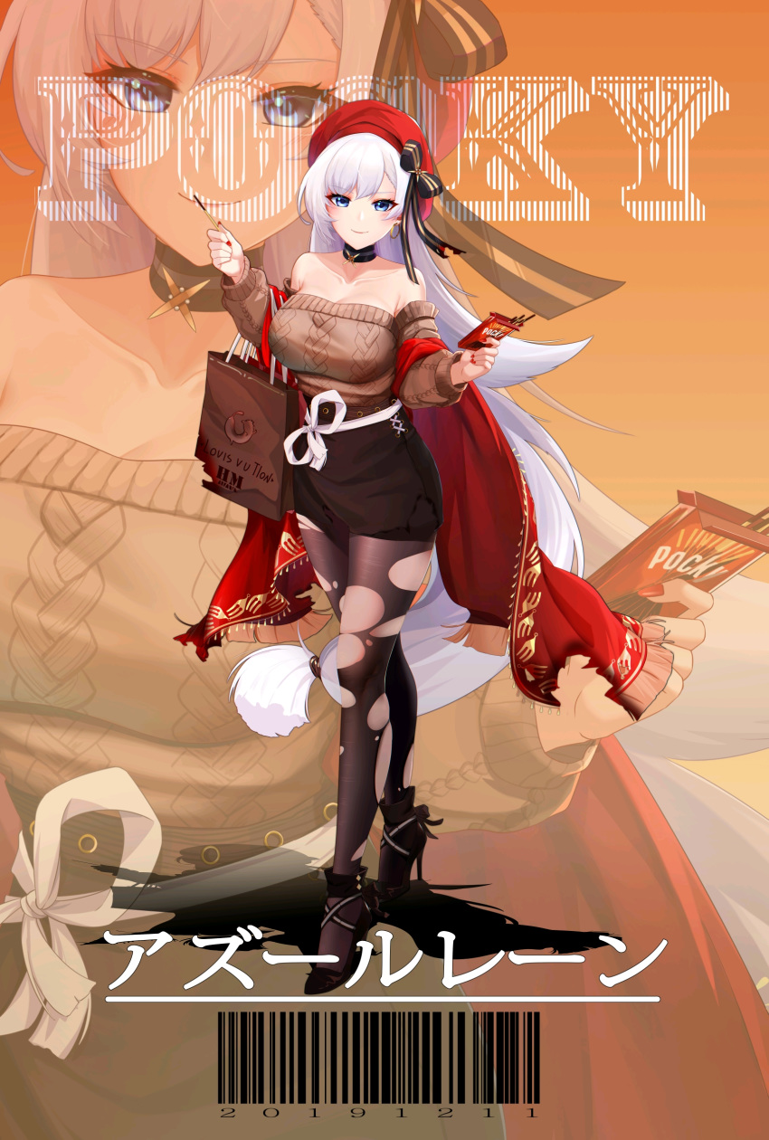 1girl absurdres aran_sweater azur_lane bag bangs barcode bare_shoulders belfast_(azur_lane) belfast_(shopping_with_the_head_maid)_(azur_lane) beret black_bow black_choker black_footwear black_legwear black_skirt blue_eyes bow breasts brown_sweater choker collarbone copyright_name crossed_legs earrings eyebrows_visible_through_hair food full_body haimian-v- hands_up hat hat_bow high_heels highres holding holding_food hoop_earrings jewelry large_breasts long_hair long_sleeves looking_at_viewer low-tied_long_hair miniskirt nail_polish off-shoulder_sweater off_shoulder orange_background pantyhose pencil_skirt pocky red_headwear red_nails sash shawl shopping_bag silver_hair skirt smile solo standing sweater thighs torn_clothes torn_legwear translated very_long_hair watson_cross white_sash zoom_layer