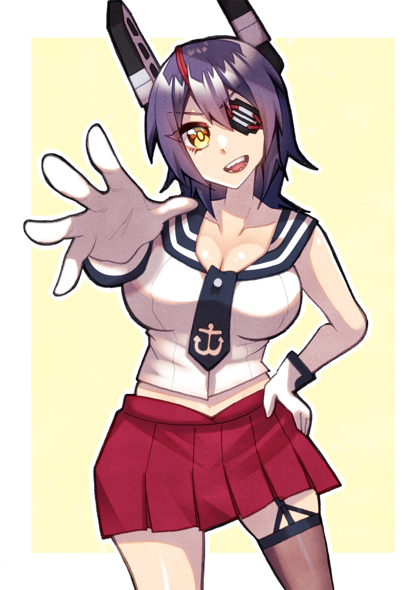 1girl agano_(kantai_collection) agano_(kantai_collection)_(cosplay) alternate_costume anchor_symbol asymmetrical_legwear belt breasts cosplay eyepatch garter_straps gloves highres kantai_collection large_breasts midriff necktie pleated_skirt purple_hair red_skirt school_uniform serafuku short_hair single_thighhigh skirt sleeveless solo tenryuu_(kantai_collection) thigh-highs white_gloves yellow_eyes yuudadou