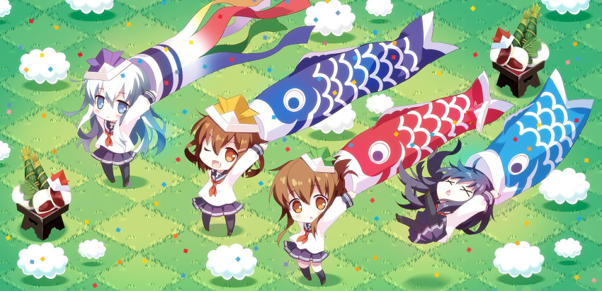 4girls akatsuki_(kantai_collection) anchor_symbol black_hair black_legwear black_sailor_collar black_skirt blue_eyes brown_eyes brown_hair carnelian checkered chibi clouds commentary_request fang folded_ponytail grass hair_ornament hairclip hibiki_(kantai_collection) highres ikazuchi_(kantai_collection) inazuma_(kantai_collection) kantai_collection kashiwa_mochi_(food) kneehighs kodomo_no_hi koinobori long_hair long_sleeves multiple_girls neckerchief one_eye_closed pantyhose paper_hat paper_kabuto pleated_skirt red_neckwear sailor_collar school_uniform serafuku shirt short_hair silver_hair skirt standing thigh-highs white_shirt x_x