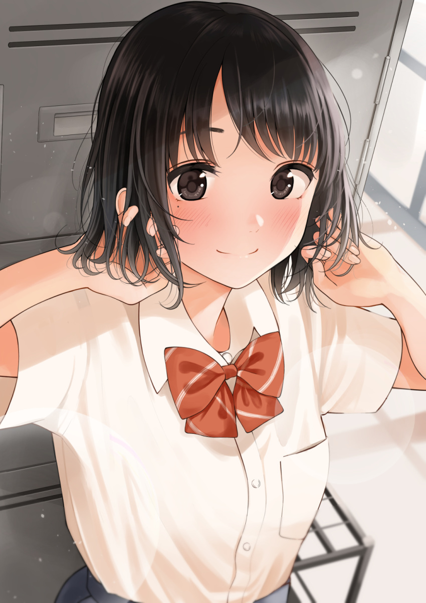 1girl bangs black_eyes black_hair blush bow closed_mouth collared_shirt commentary_request diagonal_stripes dress_shirt eyebrows_behind_hair hands_in_hair hands_up highres indoors kentaurosu looking_at_viewer mole mole_under_eye original red_bow school_uniform shirt shoe_locker short_hair smile solo standing striped striped_bow white_shirt window