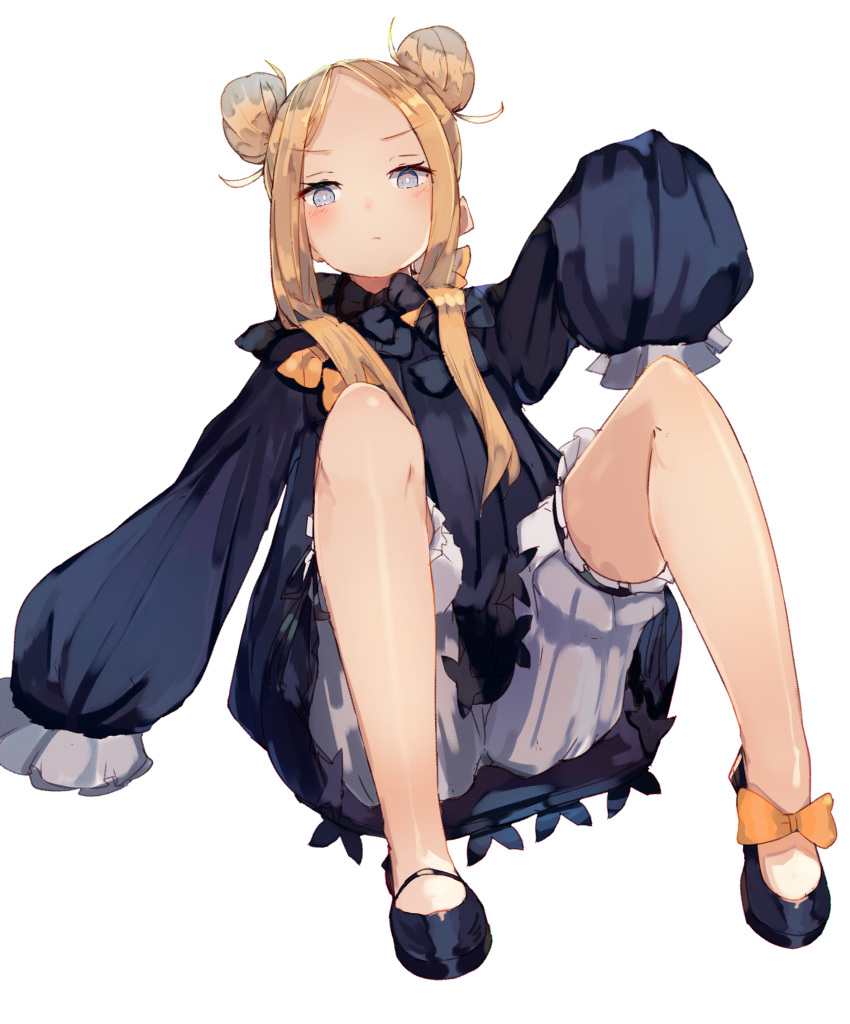 1girl abigail_williams_(fate/grand_order) bangs black_bow black_dress blonde_hair blue_eyes blush bow breasts dress fate/grand_order fate_(series) forehead hair_bow highres long_hair looking_at_viewer multiple_bows orange_bow parted_bangs ribbed_dress sleeves_past_fingers sleeves_past_wrists small_breasts solo tota_(sizukurubiks)