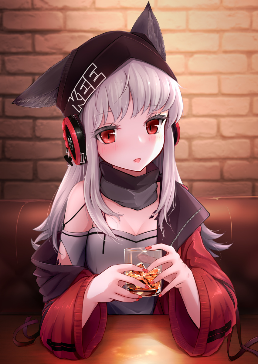 1girl absurdres animal_ears arknights beanie black_headwear black_scarf blush breasts brick_wall commentary_request cup drinking_glass ears_through_headwear eyebrows_visible_through_hair eyelashes fox_ears frostleaf_(arknights) hat headphones highres holding holding_cup ice ice_cube jacket long_hair looking_at_viewer mitsukii nail_polish off-shoulder_shirt off_shoulder open_clothes open_jacket ore_lesion_(arknights) parted_lips red_eyes red_jacket red_nails scarf shirt silver_hair solo upper_body wide_sleeves