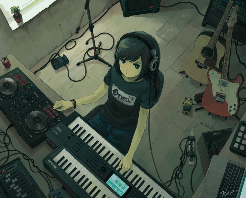 1girl black_hair computer denim extension_cord from_above guitar headphones indoors instrument jeans kensight328 keyboard_(instrument) laptop looking_at_viewer mixing_console original pants shirt short_hair solo t-shirt