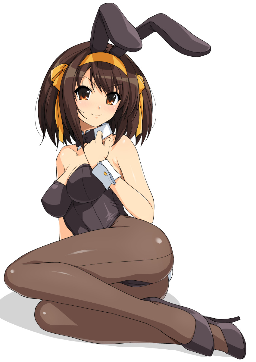 1girl absurdres animal_ears black_bow black_footwear black_legwear black_leotard black_neckwear bow bowtie breasts brown_eyes bunnysuit detached_collar hairband haruhisky high_heels highres leotard looking_at_viewer medium_breasts orange_hairband paid_reward pantyhose patreon_reward rabbit_ears short_hair simple_background sitting solo strapless strapless_leotard suzumiya_haruhi suzumiya_haruhi_no_yuuutsu white_background wrist_cuffs yokozuwari