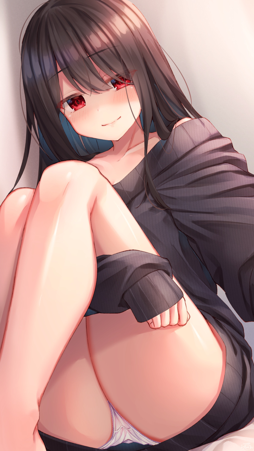 1girl ass bangs beige_background black_sweater blush collarbone commentary_request eyebrows_visible_through_hair highres long_hair long_sleeves looking_at_viewer off-shoulder_sweater off_shoulder original panties ramchi red_eyes simple_background sleeves_past_wrists smile solo sweater thighs underwear white_panties