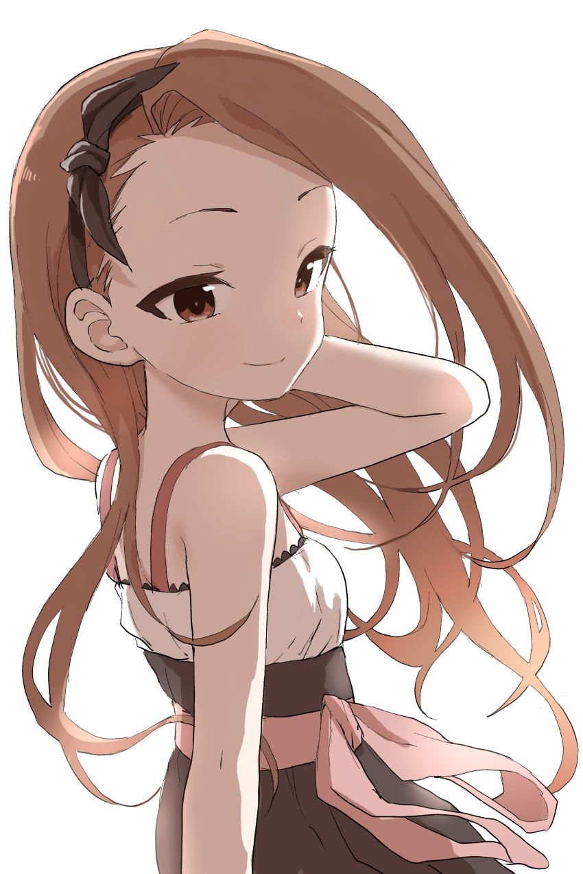 1girl absurdres bare_arms bare_shoulders black_dress black_ribbon breasts brown_eyes brown_hair closed_mouth commentary_request dress from_side hair_ribbon hand_up highres idolmaster idolmaster_(classic) looking_at_viewer looking_to_the_side minase_iori pink_ribbon ribbon simple_background sleeveless sleeveless_dress small_breasts smile solo upper_body white_background yamamoto_souichirou