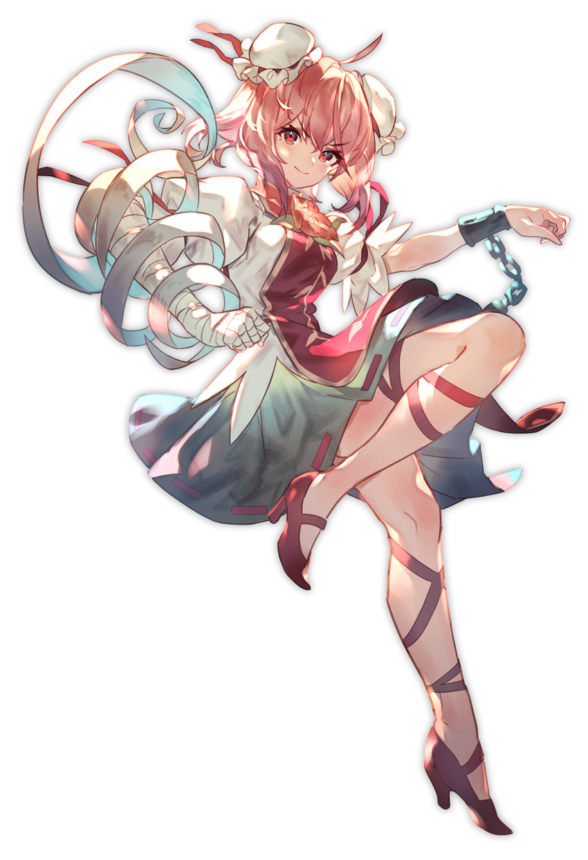 &gt;:) 1girl ahoge bandaged_arm bandages bangs chain commentary_request cuffs double_bun eyebrows_visible_through_hair grey_skirt head_tilt high_heels highres ibaraki_kasen leg_ribbon looking_at_viewer miniskirt pink_hair puffy_short_sleeves puffy_sleeves red_eyes red_footwear red_ribbon ribbon shackles shirt short_hair short_sleeves simple_background skirt smile solo tabard touhou uu_uu_zan v-shaped_eyebrows white_background white_shirt