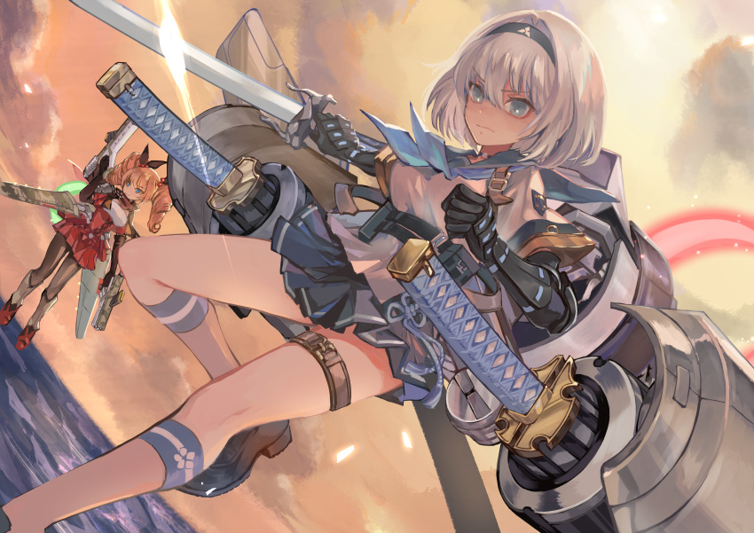 2girls absurdres aqua_eyes ash_arms bangs black_gloves black_hairband black_ribbon black_skirt blonde_hair blue_eyes blue_neckwear blue_ribbon boots breasts brown_legwear character_request clouds cloudy_sky commentary_request drill_hair expressionless feet_out_of_frame floating gauntlets gloves grey_hair gun hair_bobbles hair_intakes hair_ornament hair_ribbon hairband highres huge_filesize katana kneehighs long_hair looking_at_viewer mimimikan multiple_girls neckerchief pantyhose pleated_skirt red_footwear red_skirt ribbon sailor_collar shirt shoes short_hair skirt sky sword thigh_strap twin_drills water weapon white_legwear white_shirt
