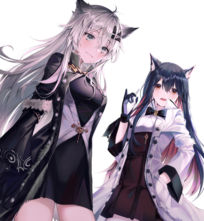 2girls absurdres alternate_costume animal_ears antenna_hair arknights bangs black_bow black_coat black_dress black_hair black_neckwear blush bow bowtie box breasts brooch brown_eyes brown_skirt cigarette cigarette_box coat commentary cowboy_shot dress ei_(tndusdldu) eyebrows_visible_through_hair fur_trim grey_eyes grey_shirt hair_between_eyes hair_ornament hairclip hand_in_pocket hand_up high-waist_skirt highres holding holding_box jewelry lappland_(arknights) long_hair long_sleeves looking_at_viewer medium_breasts multicolored_hair multiple_girls open_clothes open_coat open_mouth pinky_out redhead scar scar_across_eye shirt short_dress silver_hair simple_background skirt smile standing texas_(arknights) white_background white_coat wide_sleeves wolf_ears