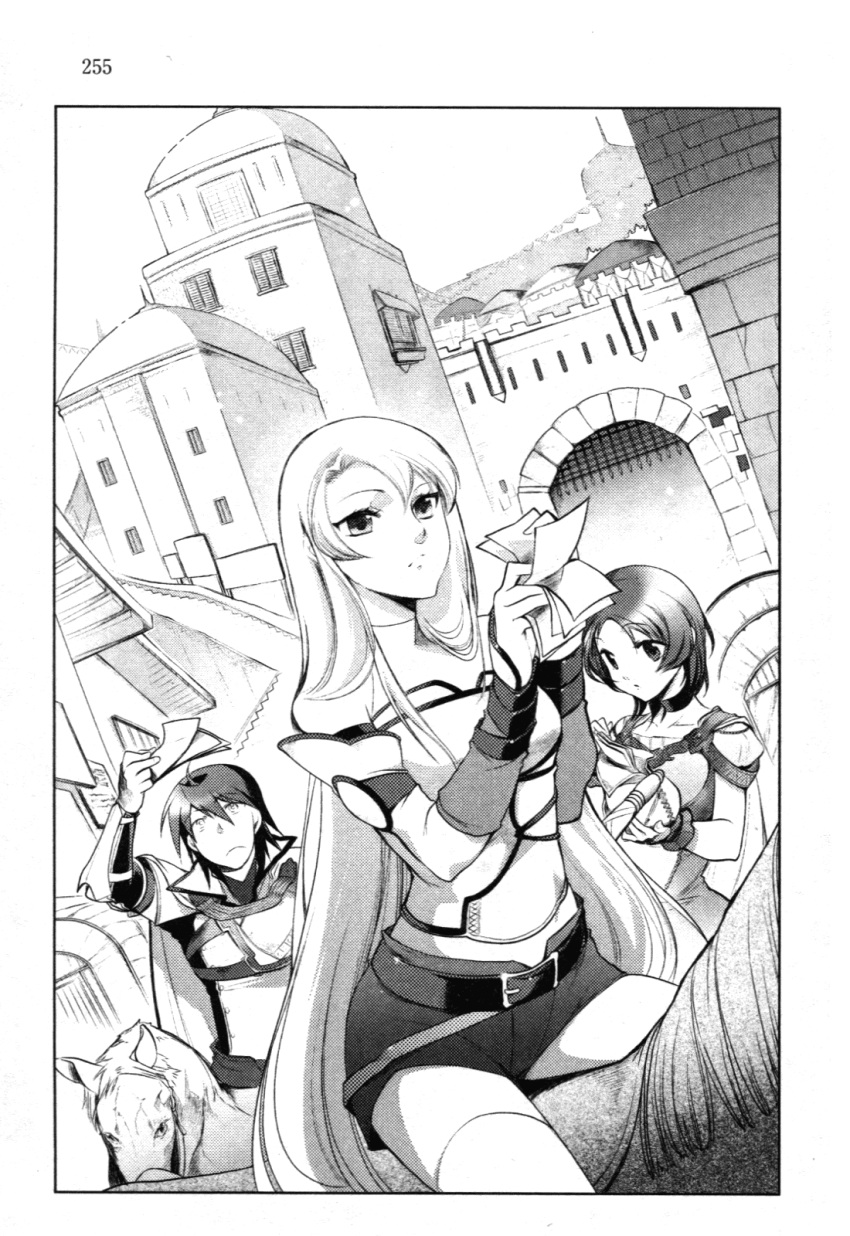 1boy 2girls arm_up belt belt_buckle buckle closed_mouth collarbone day densetsu_no_yuusha_no_densetsu detached_sleeves ferris_eris frown greyscale hair_between_eyes highres holding horse kiefer_knolles long_hair long_sleeves monochrome multiple_girls novel_illustration official_art outdoors page_number riding ryner_lute short_shorts shorts straight_hair thigh-highs toyota_saori very_long_hair zettai_ryouiki