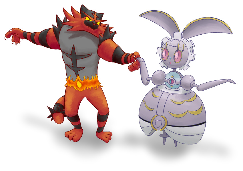 :o absurdres commentary creature dancing english_commentary eye_contact full_body gen_7_pokemon green_eyes highres holding_hands incineroar looking_at_another magearna mythical_pokemon no_humans pink_eyes pokemon pokemon_(creature) pyritie standing transparent_background yellow_sclera