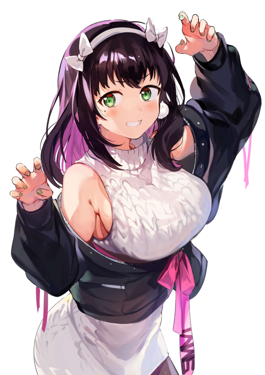 1girl aran_sweater arm_up bare_shoulders black_hair black_jacket borrowed_character breasts claw_pose colored_inner_hair cowboy_shot dress green_eyes grin hairband hand_up highres jacket konbu_wakame large_breasts long_hair long_sleeves looking_at_viewer mole mole_under_eye multicolored_hair nail_polish nishizaa-san off_shoulder original simple_background sleeveless sleeveless_sweater smile solo sweater sweater_dress turtleneck turtleneck_sweater white_background white_sweater