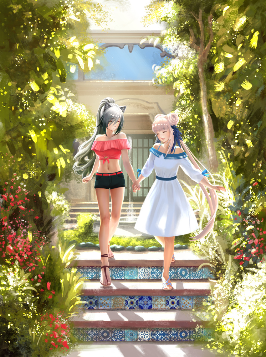 2girls :d ^_^ absurdres alternate_costume animal_ears arknights bangs bare_legs bare_shoulders belt black_shorts blue_sash bra_strap casual cat_ears ceylon_(arknights) closed_eyes collarbone commentary crop_top dclaribelle double_bun dress english_commentary eyebrows_visible_through_hair hair_over_one_eye highres holding_hands huge_filesize long_hair long_ponytail long_sleeves looking_at_another midriff multiple_girls navel no_hat no_headwear off-shoulder_dress off-shoulder_shirt off_shoulder open_mouth outdoors plant red_belt red_shirt sandals sash schwarz_(arknights) see-through_silhouette shadow shirt short_shorts shorts silver_hair smile stairs stomach thighs very_long_hair white_dress yellow_eyes