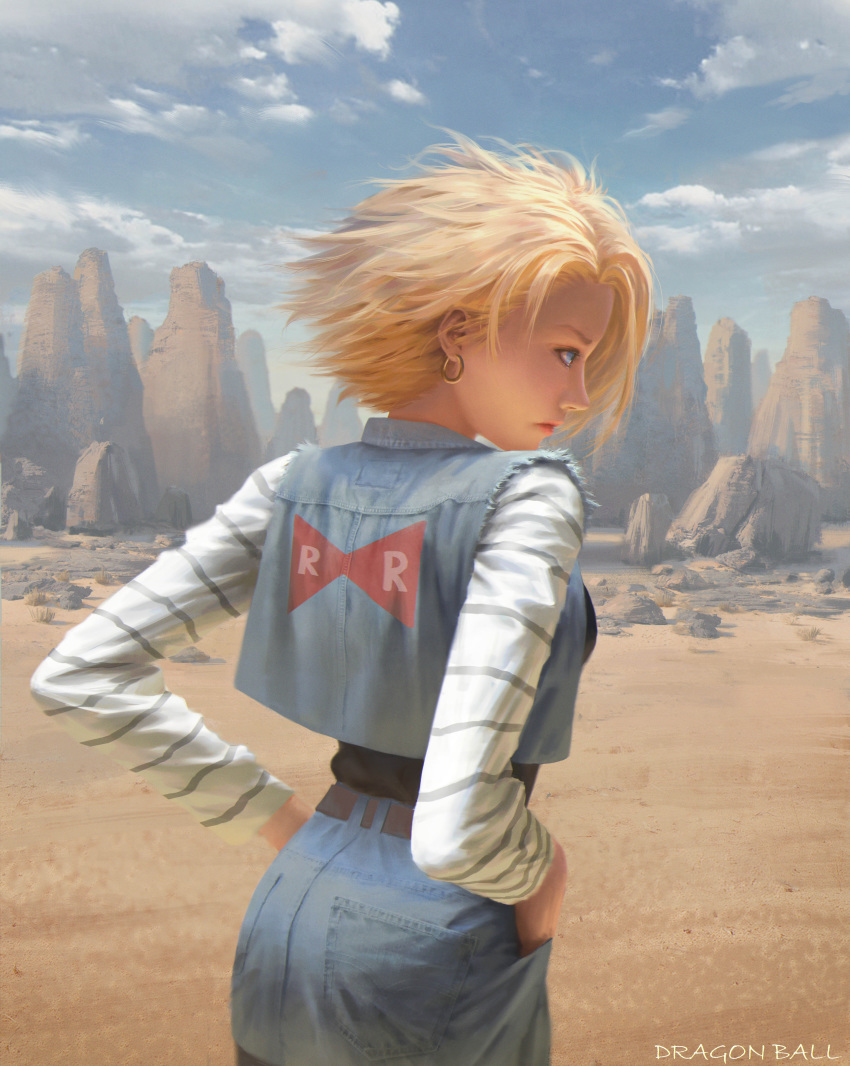 1girl absurdres android_18 belt black_shirt blonde_hair blue_eyes clouds denim denim_jacket denim_skirt desert dragon_ball dragon_ball_z earrings hands_in_pockets highres jewelry jning looking_to_the_side rock shirt short_hair skirt striped_sleeves tumbleweed