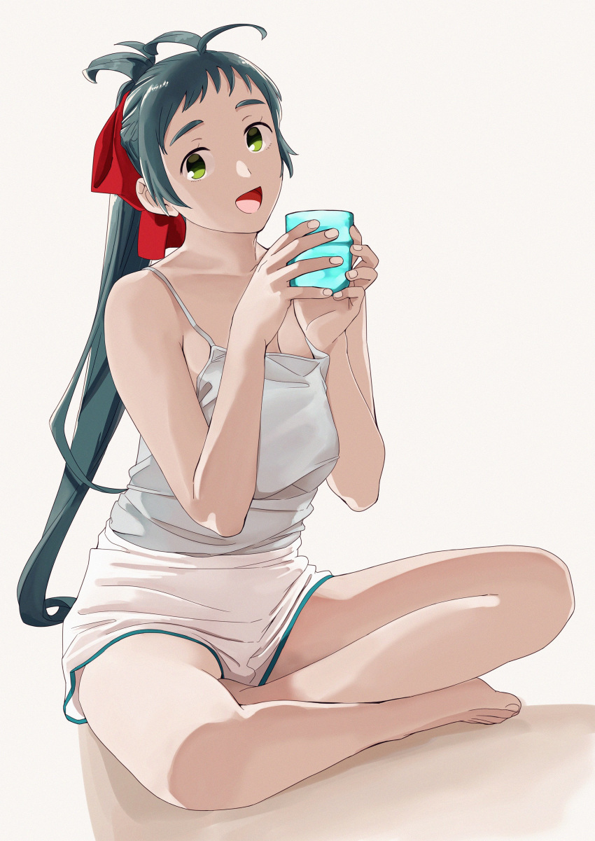 1girl absurdres antenna_hair barefoot casual cowboy_shot cup full_body green_eyes green_hair hair_ribbon highres indian_style irako_(kantai_collection) kantai_collection long_hair looking_at_viewer mug ojipon open_mouth ponytail ribbon shorts simple_background sitting smile solo tank_top white_background white_shorts