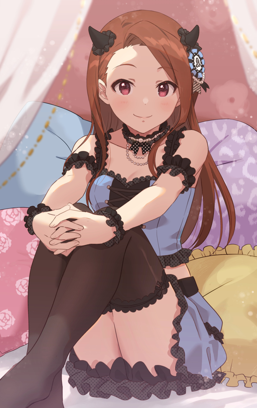 1girl absurdres bed black_legwear blue_skirt blush brown_hair canopy_bed choker closed_mouth commentary crop_top emu_(emum) fake_horns forehead hands_on_own_knees highres idolmaster idolmaster_million_live! idolmaster_million_live!_theater_days long_hair minase_iori pillow pink_eyes sitting skirt smile solo thigh-highs thighs zettai_ryouiki