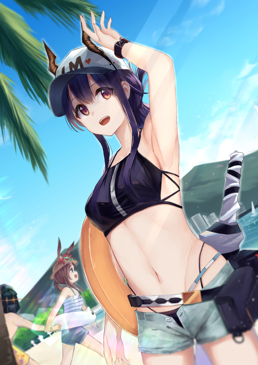 1boy 2girls :d amiya_(arknights) animal_ears arknights arm_up armpits bangs bare_arms bare_shoulders baseball_cap beach belt bikini black_bikini blue_sky breasts brown_eyes brown_headwear ch'en_(arknights) commentary cowboy_shot day doctor_(arknights) dragon_horns dutch_angle ears_through_headwear english_commentary from_side glint grey_shorts groin hat heart highleg highleg_bikini highres horns horns_through_headwear innertube lens_flare light_rays long_hair looking_at_viewer medium_breasts multiple_girls navel open_fly open_mouth pouch profile purple_hair rabbit_ears short_shorts shorts sidelocks sky smile standing stomach sun_hat swimsuit wrist_cuffs yatsucchie