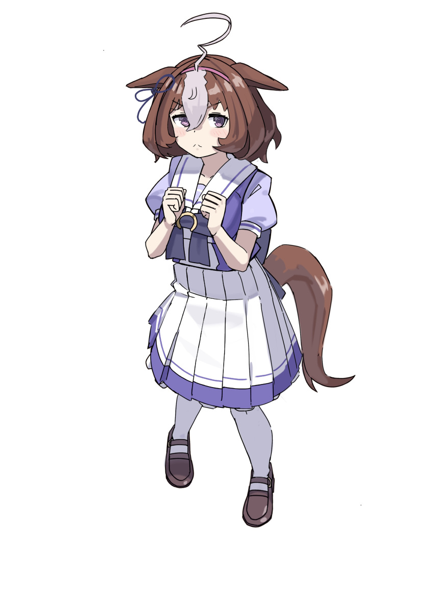 1girl :&lt; @_@ absurdres ahoge animal_ears blush bow brown_footwear brown_hair closed_mouth commentary_request ear_ribbon ears_down full_body hair_between_eyes highres horse_ears horse_girl horse_tail loafers looking_at_viewer meisho_doto_(umamusume) mimi_e777 multicolored_hair puffy_short_sleeves puffy_sleeves purple_bow purple_ribbon purple_shirt ribbon school_uniform shirt shoes short_sleeves simple_background skirt smile solo streaked_hair summer_uniform tail thigh-highs tracen_school_uniform umamusume violet_eyes white_background white_hair