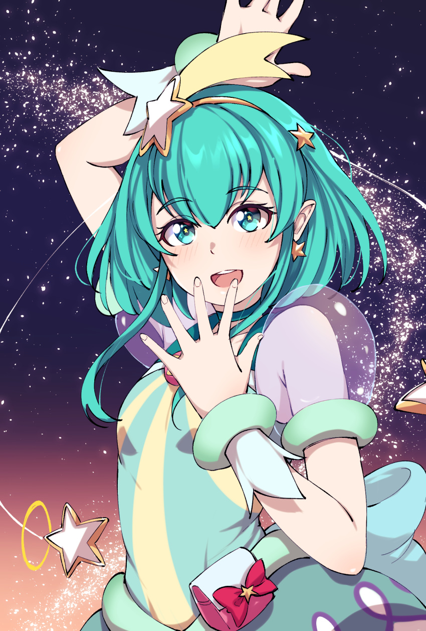 1girl arm_up blush cure_milky disco_brando earrings eyebrows_visible_through_hair green_eyes green_hair hagoromo_lala hair_between_eyes highres jewelry looking_at_viewer open_mouth precure short_hair short_hair_with_long_locks short_sleeves sidelocks smile solo star star-shaped_pupils star_earrings star_twinkle_precure symbol-shaped_pupils upper_teeth