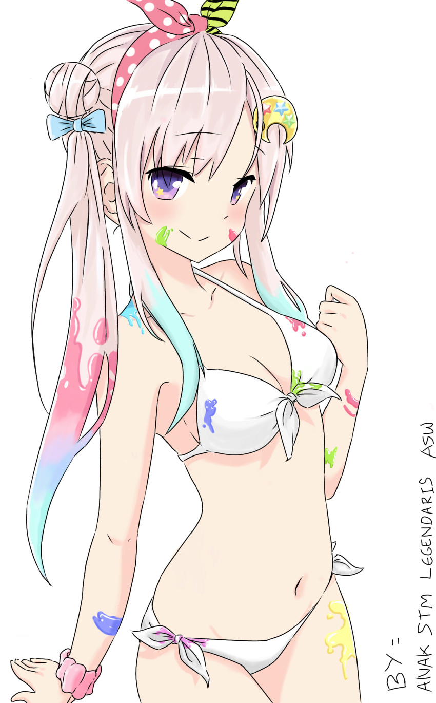 airani_iofifteen anak_stm hair_ribbon highres hololive_indonesia paint paint_on_body paint_on_face paint_splatter palette pink_hair ribbon scrunchie smile swimsuit violet_eyes virtual_youtuber white_swimsuit