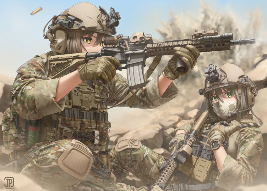 2girls assault_rifle black_hair blurry blurry_background brown_hair camouflage commentary english_commentary firing foregrip gloves green_eyes gun headset helmet highres jpc load_bearing_vest m4_carbine military multiple_girls original rifle shell_casing skull_print watch watch weapon yellow_eyes