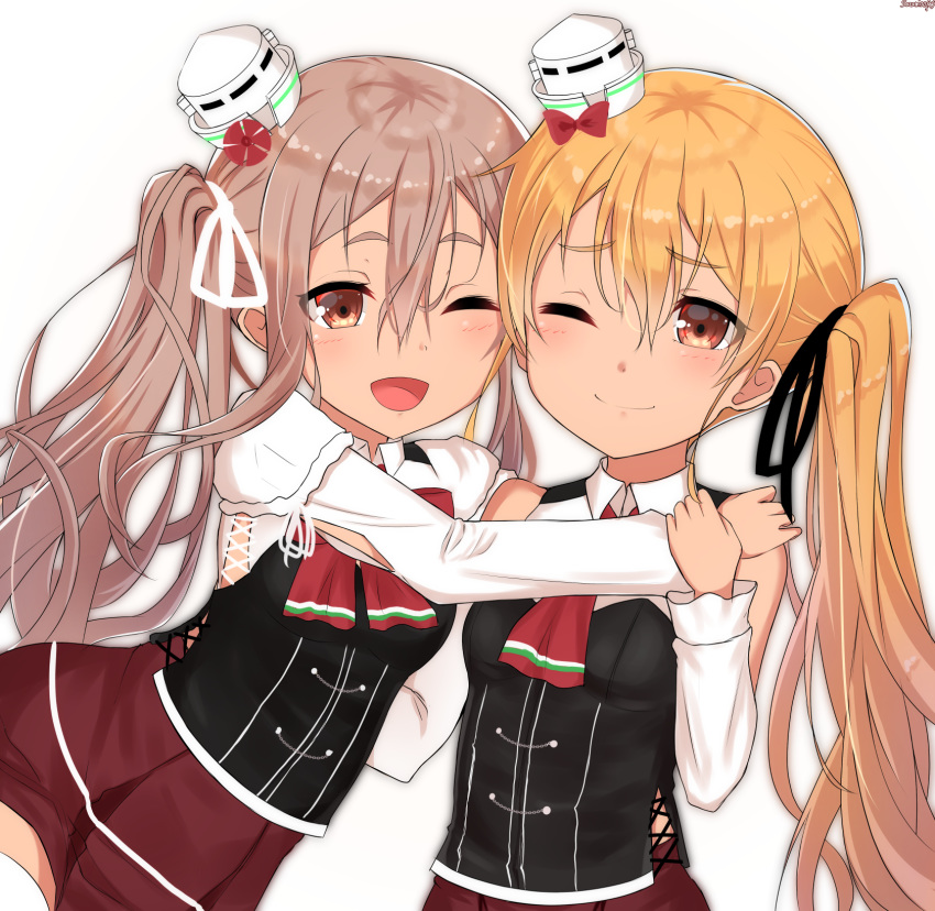 2girls alternate_hairstyle artist_name ascot black_corset blonde_hair bow bowtie brown_eyes brown_hair corset hat highres kantai_collection long_hair long_sleeves mini_hat multiple_girls one_eye_closed open_mouth pleated_skirt pola_(kantai_collection) red_bow red_neckwear red_skirt sazamiso_rx shirt side_ponytail signature simple_background skirt smile thigh-highs wavy_hair white_background white_headwear white_legwear white_shirt zara_(kantai_collection)