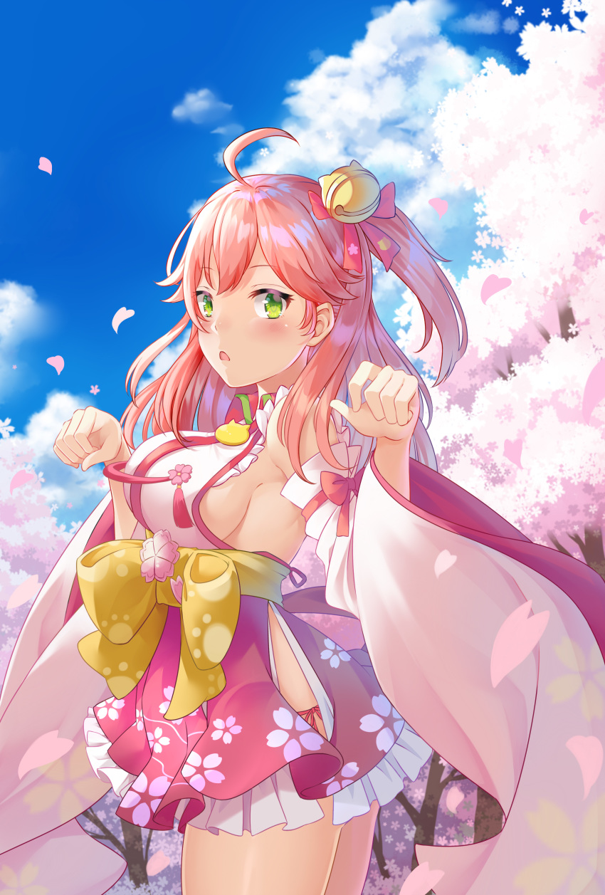 1girl absurdres ahoge bell blue_sky breasts cherry_blossom_print cherry_blossoms chestnut_mouth detached_sleeves floral_print green_eyes hair_bell hair_ornament highres hololive kaaaiyaya long_hair looking_at_viewer one_side_up open_mouth outdoors paw_pose petals pink_hair sakura_miko sideboob sky solo tree virtual_youtuber