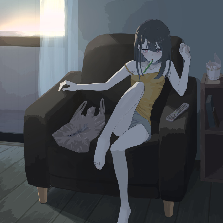 1girl absurdres bag bare_shoulders barefoot black_hair camisole controller couch curtains highres indoors long_hair looking_at_viewer oissu_tiwassu original plastic_bag ramen remote_control shorts sitting solo strap_slip toothbrush_in_mouth violet_eyes